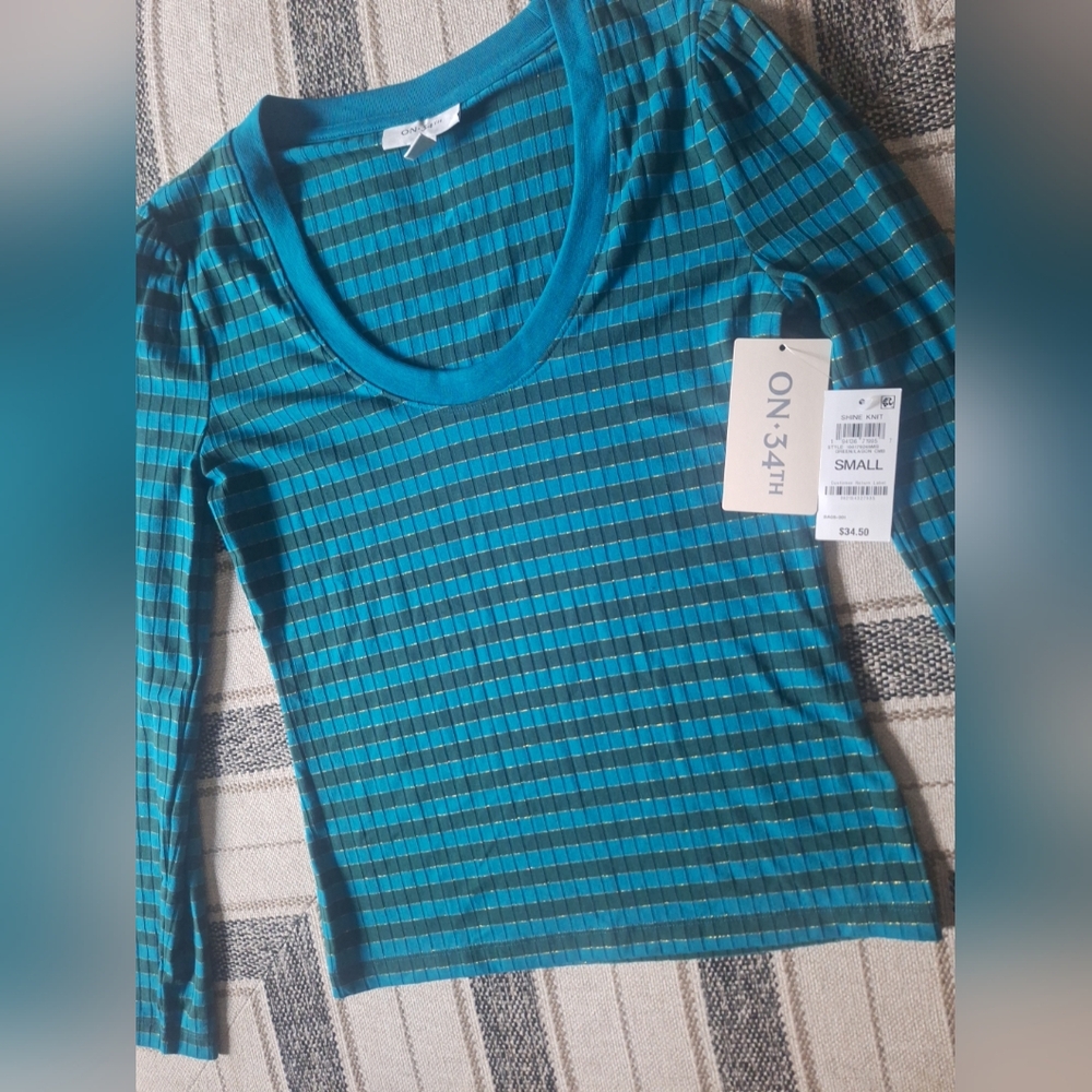 ON 34th Teal and Green Striped Women's Blouse Size Small